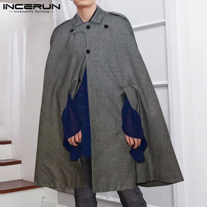 

INCERUN Men Casual Cloak Streetwear Coats Lapel Button Vintage Ponchos Elegant Men Long Trench 2021 Autumn Loose Plaid Cape 7