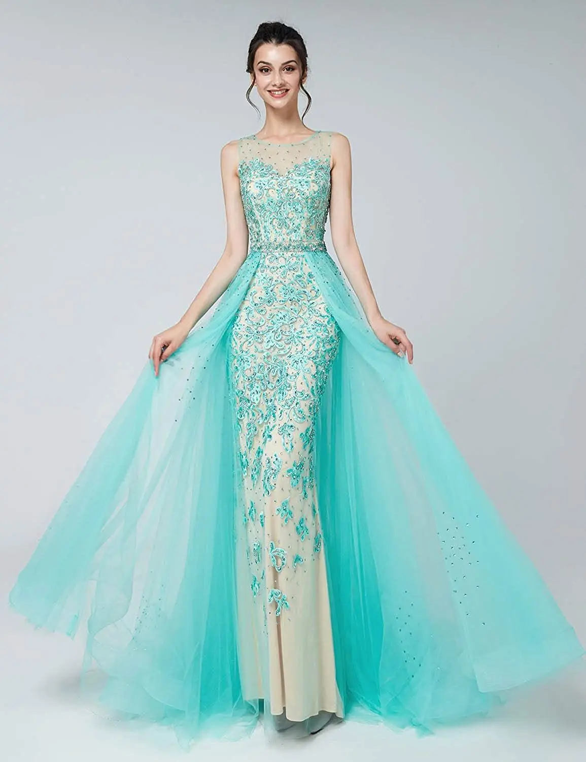 

Long Evening Dresses Illusion Neckline Turquoise Lace With Removable Skirt Arabic Prom Party Gown Vestidos Robe De Soiree Fiesta