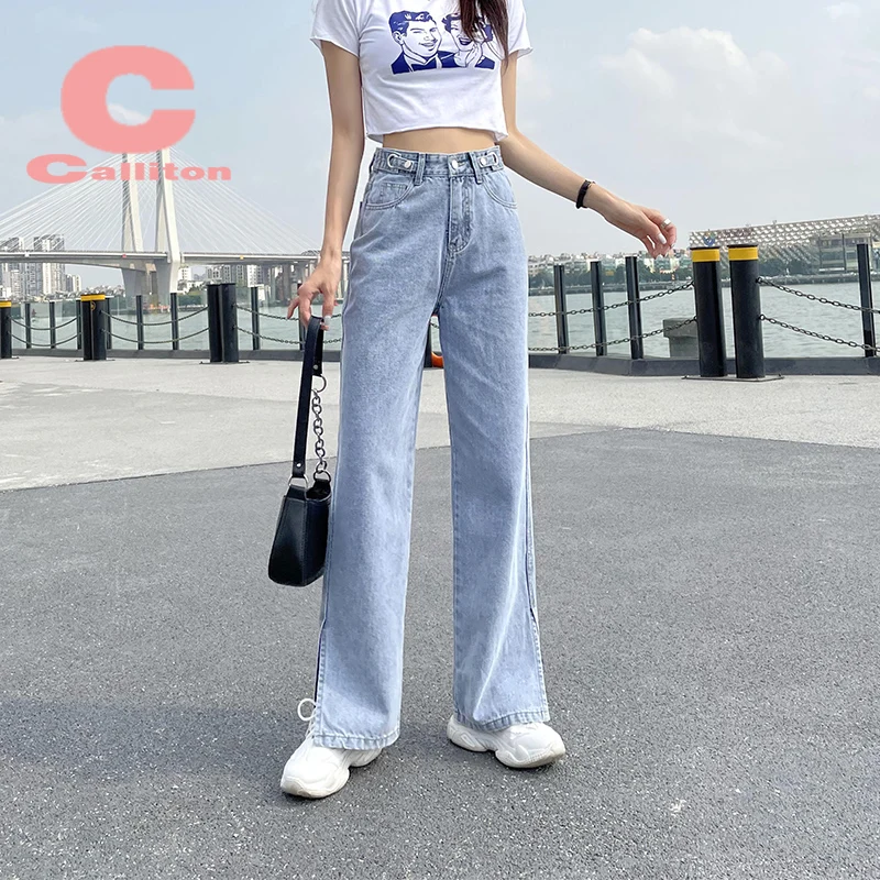 

Casual Jeans Women's Bifurcated High-Waisted Wide-Leg Pants Summer New Style Straight Loose Draped Fashion Mopping Pants 2021
