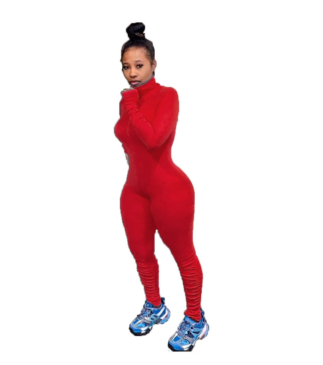 

New Solid Zipper Pleated Skinny Body Rompers Womens Jumpsuit