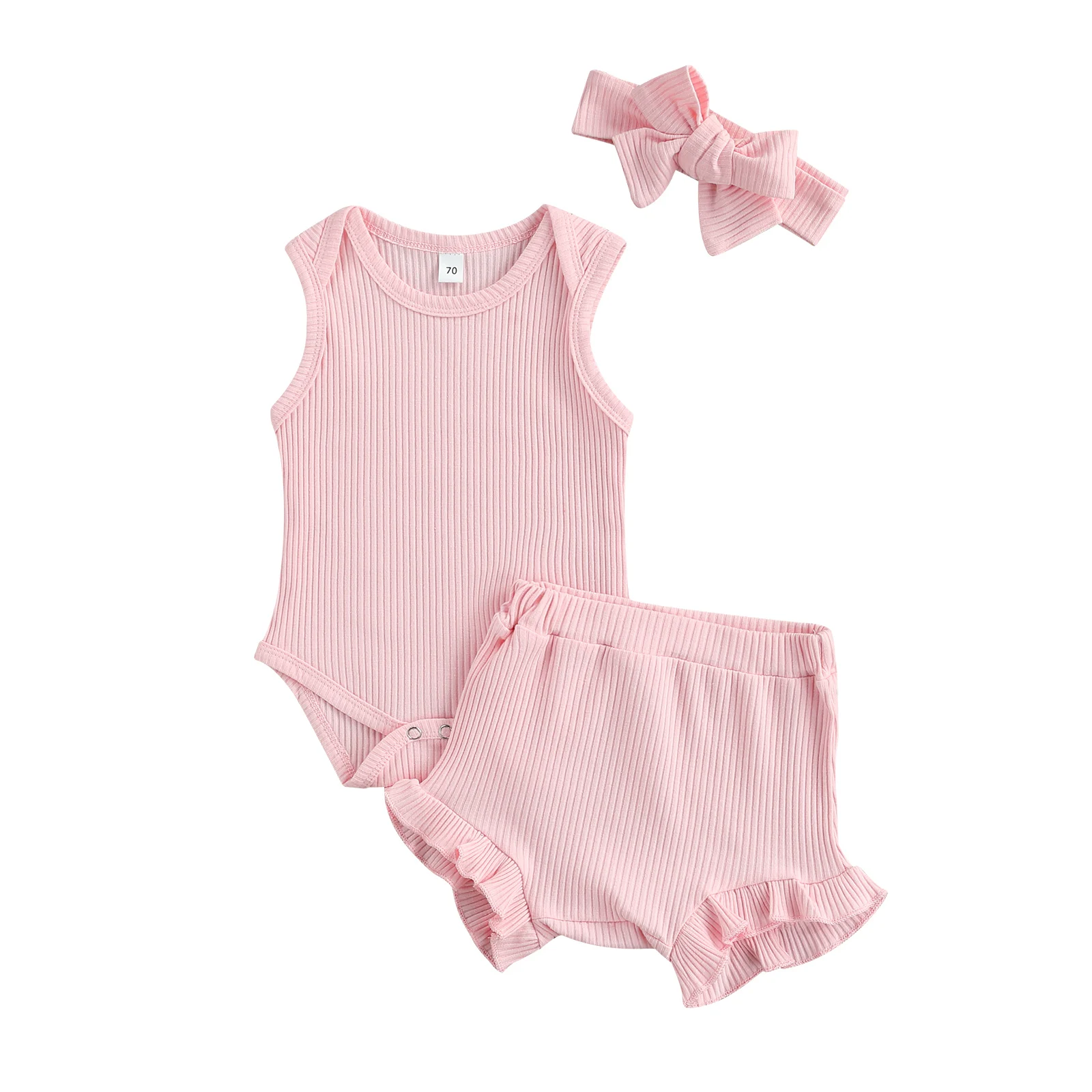 

3 Pieces Baby Newborn Solid Ribbed Outfits O-Neck Sleeveless Romper+ PP Shorts+ Headband Summer Infant Toddler Sets 0-18 Months