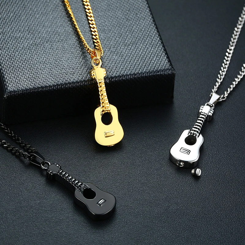 

Punk Men's Ashes Holder Urn Necklace Stainless Steel Guitar Cremation Pendants Memorial Male Gifts 24" Chains