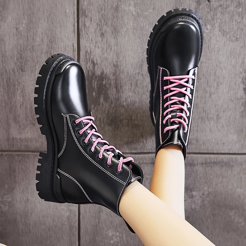 Женские мотоциклетные ботильоны на платформе черные кожаные оксфорды шнуровке