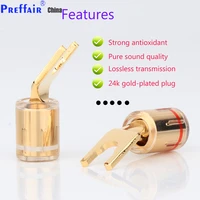 4pcs sy1527 pure copper gold plated spade plug for speaker cable screw locking banana connector hifi fork plug