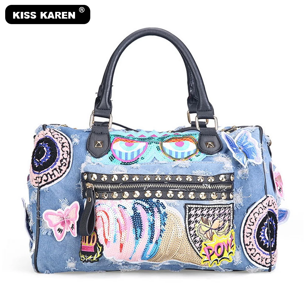 Повседневная модная женская сумка тоут KISS KAREN с аппликацией бабочки джинсовая