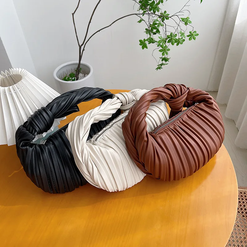 

2021 Autumn New Style Foreign Artificial PU Fold Stripe Portable Tote Bag Solid Color Casual Simple Large Capacity Shoulder Bag