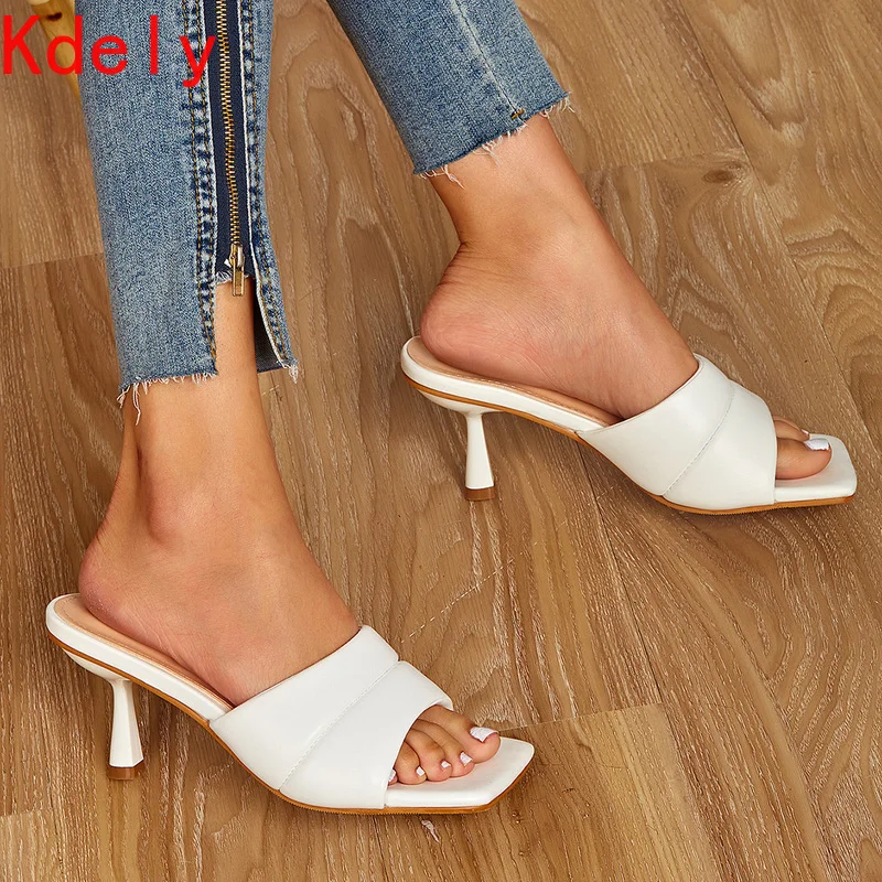 

2021 New Design Soft Cozy PU Leather Slippers Summer Women High Heels Mules Square Toe Slides Female Dress Party Shoes