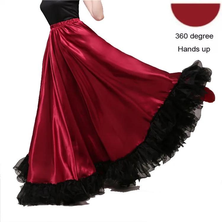 Wine red 360 degree Модная Великолепная Женская юбка для танца живота размера плюс, платье для испанского фламенко, одежда для команды, кружевная атласная одноцветная гладкая юбка - Цвет: Wine red 360 degree