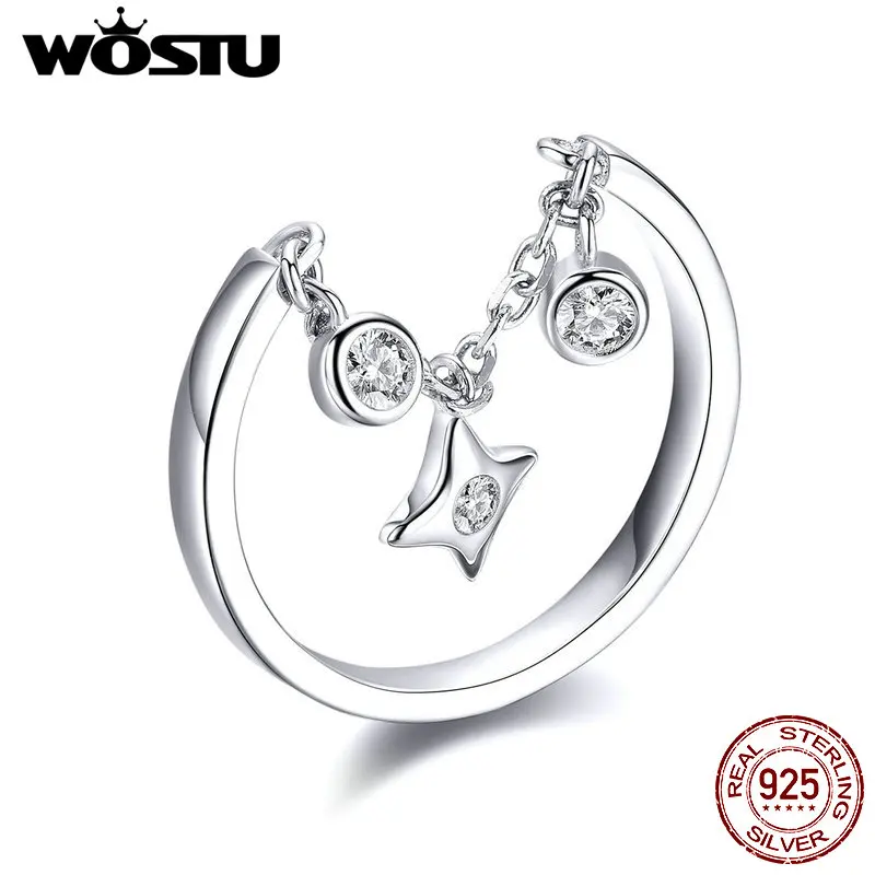 WOSTU, яркое кольцо со звездой, 925 пробы, серебро, прозрачный CZ, звено цепи, кристаллы, регулируемые кольца, палец для женщин, блестящее ювелирное изделие CQR408