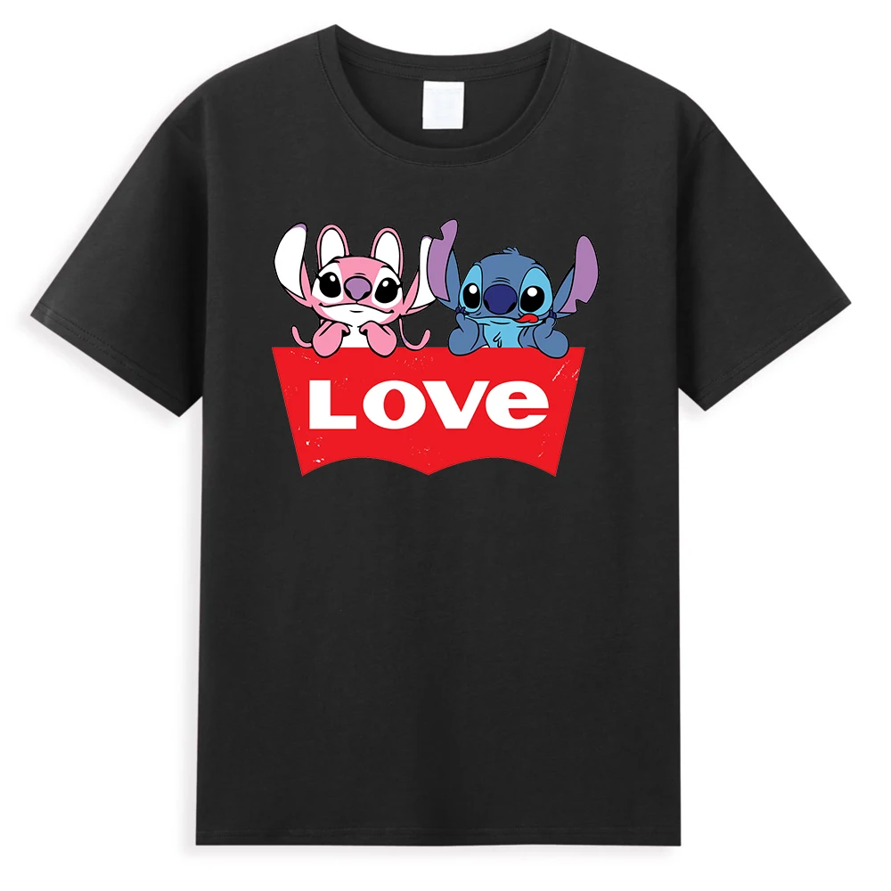 Camiseta estampada de dibujos animados de Disney para hombre, camisetas con estampado de Lilo & Stitch de amor, camisetas informales de algodón para hombre, ropa Kawaii para parejas