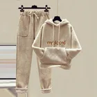 Женский осенне-зимний флисовый спортивный костюм с капюшоном и надписью, свитшот с карманами на шнурке, брюки 2021, повседневный Женский комплект из двух предметов