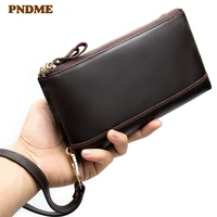 pndme simple high quality cowhide mens women clutch wallet casual vintage genuine leather multi card zipper id holder purse