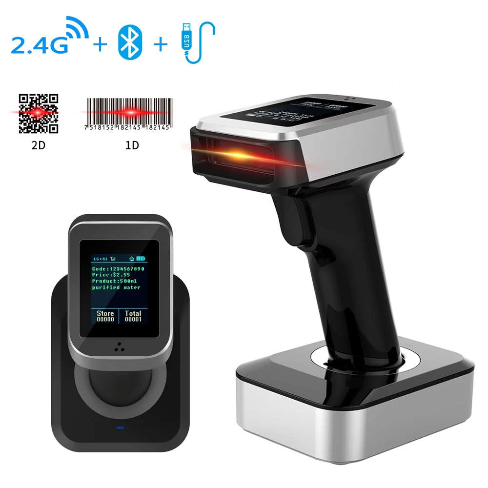Портативный беспроводной сканер штрих кода 1D/2D 2 4 ГГц Bluetooth USB с дисплеем и памятью