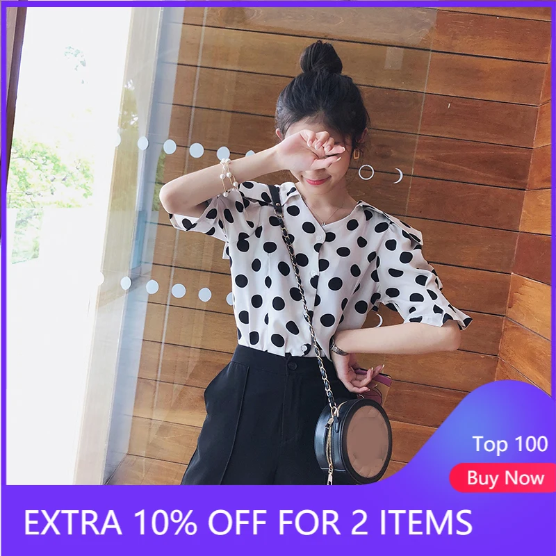 Летние женские топы и блузки Mishow 2019 рубашка в горошек повседневные шифоновые