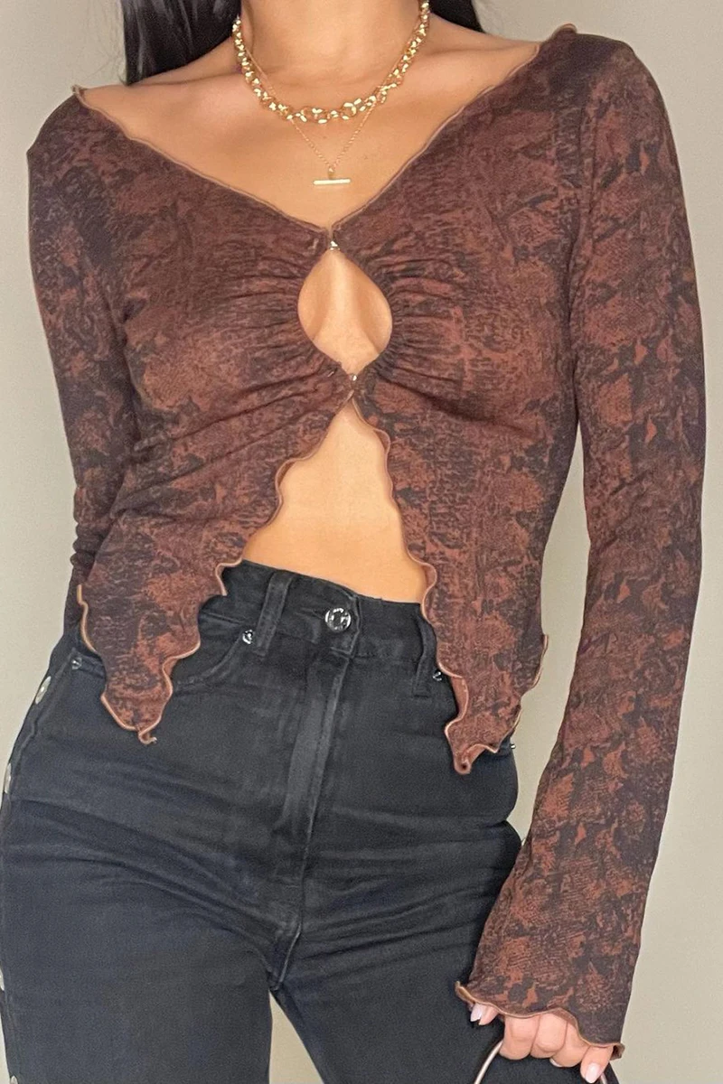 

New Fashion Summer Women\u2019s Casual Long Sleeve Cardigan Vintage Printing Metal Hook Exposed Navel T-shirt