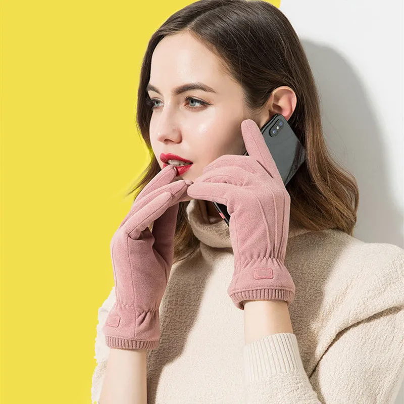 

New Winter Female Lace Warm Cashmere Three Ribs Cute Bear Mittens Double thick Plush Wrist Women Touch Screen Driving Gloves