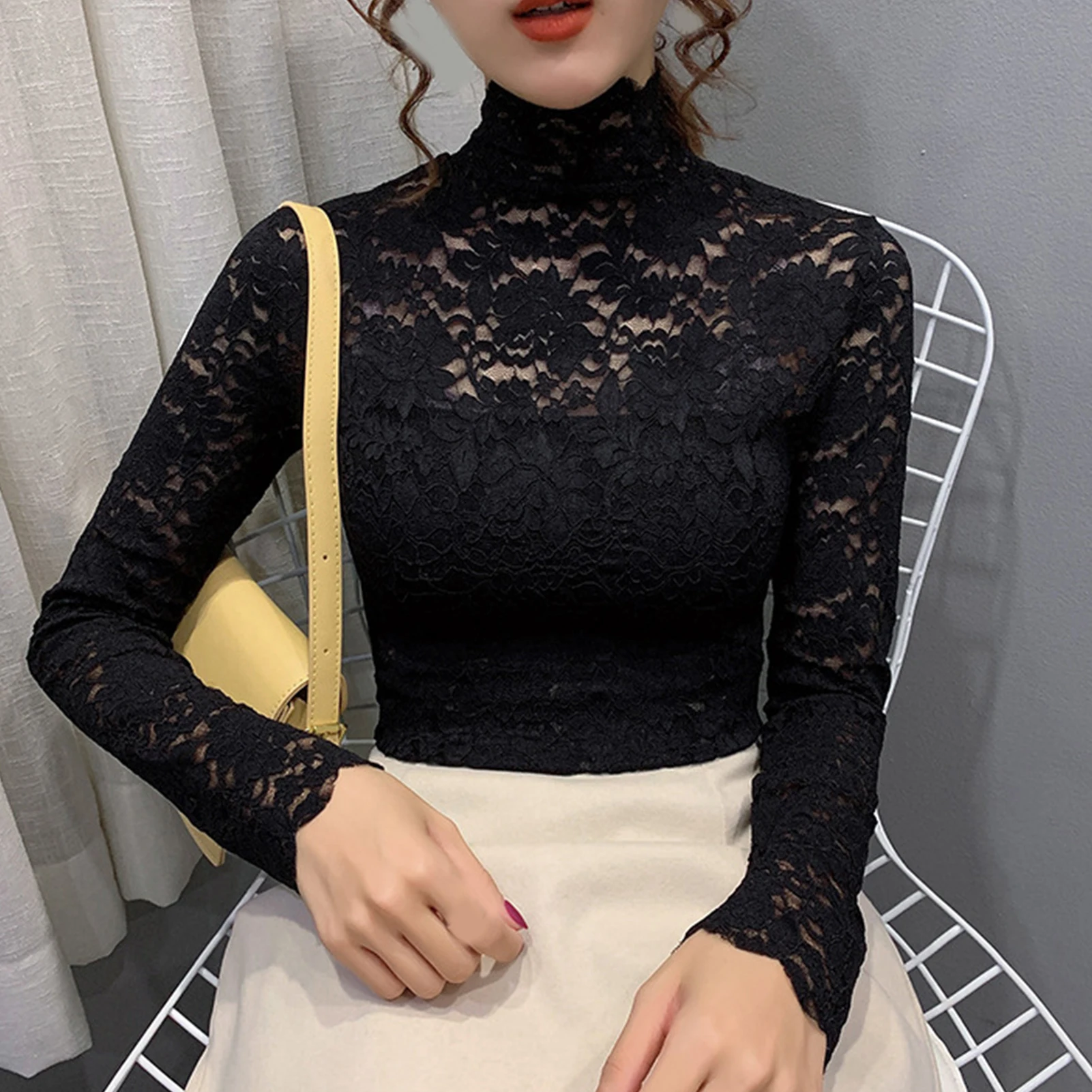 

Elegant Women Turtle Neck Long Sleeve Floral Lace Blouse Top Slim Base T-shirt