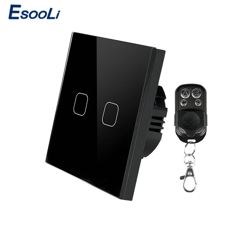 2 Gang Remote Black Esooli сенсорный выключатель 1 банда 1 способ, умный настенный выключатель, сенсорный выключатель света, беспроводной дистанционный переключатель освещения 220 В - Цвет: 2 Gang Remote Black