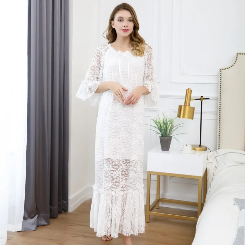 Beautiful Comfortable White Sleepwear Cotton Dress Lady Spring Autumn Long Sleeve Nightdress Loose Women Princess Nightgowns