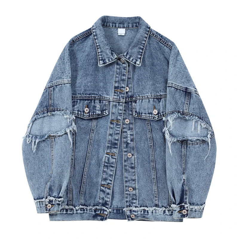

Blue Retro Denim Jacket Womens Tide 2021 Spring Autumn New Korean Casual Loose Fashion All-Match Hole Cowboy Coat Female A574