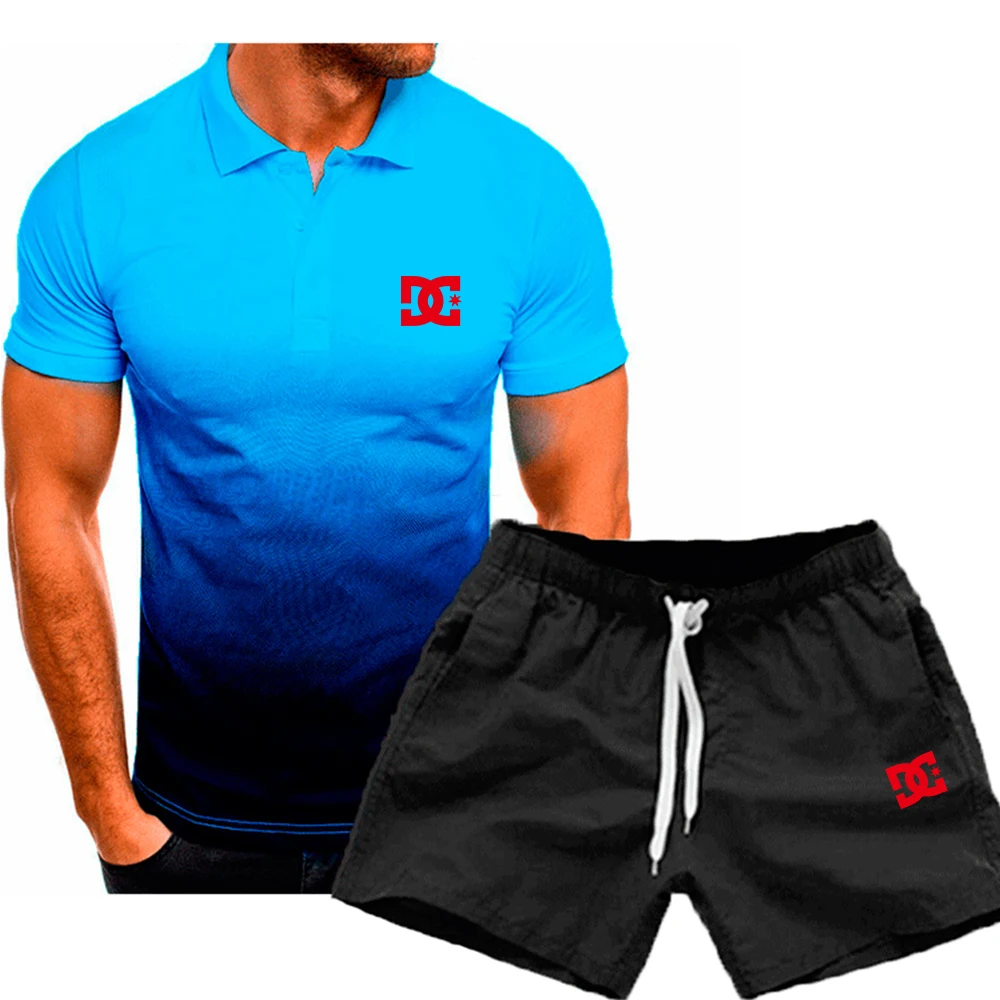

2021 Spring/Summer New Fashion Men's Sportswear Suit Gradient Short Sleeve 3D Printing T-Shirt Lapel Slim Polo Shirt Set S-5XL