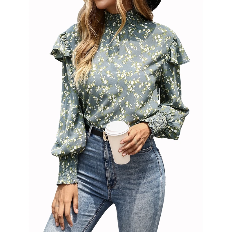 

Autumn Winter Outfit Women's Stand Collar Long Sleeve Top Floral Blouse Tops Casual T Shirts Tee Tops