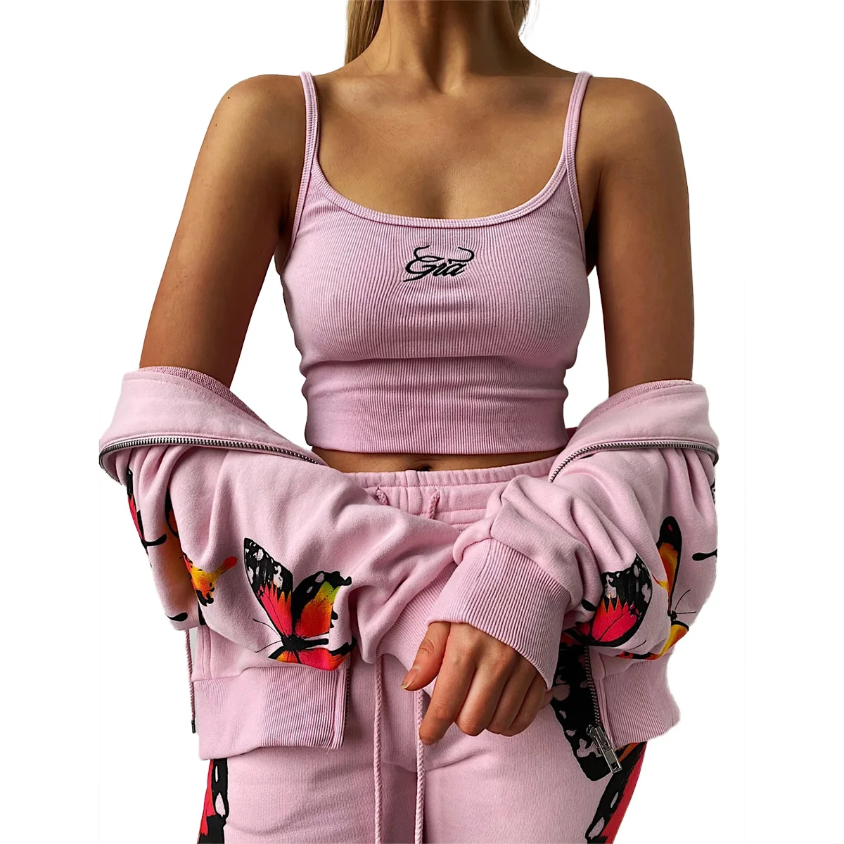 Женская одежда на тонких бретельках майка с низким вырезом + толстовка молнии