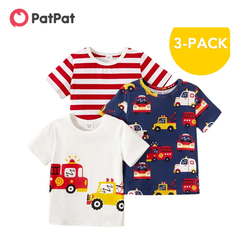 

PatPat New Arrival Summer 3-piece Toddler Boy Ambulance Firetrucks Striped Tees Children's Clothing