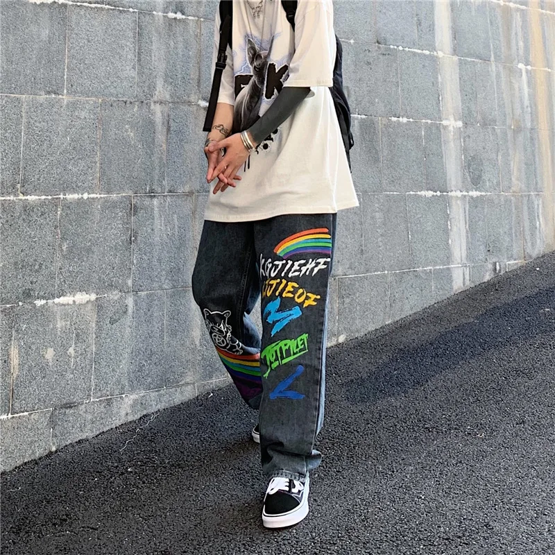 

InsGoth Harajuku Trendy Jeans Leg Wide Pant Women High Waist Loose Long Trousers Rainbow Cartoon Print Pants Causal Denim Pant