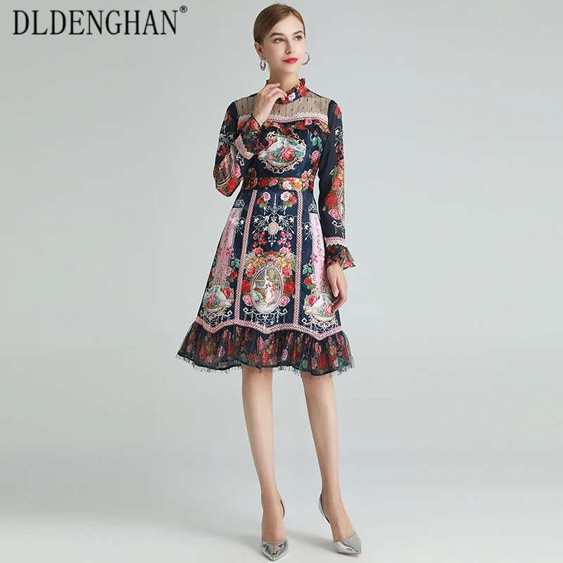 

DLDENGHAN Fashion Floral-Print Dress Women's Flare Sleeve Lace Patchwork Stand Collar Vintage Dresses Designer Spring New