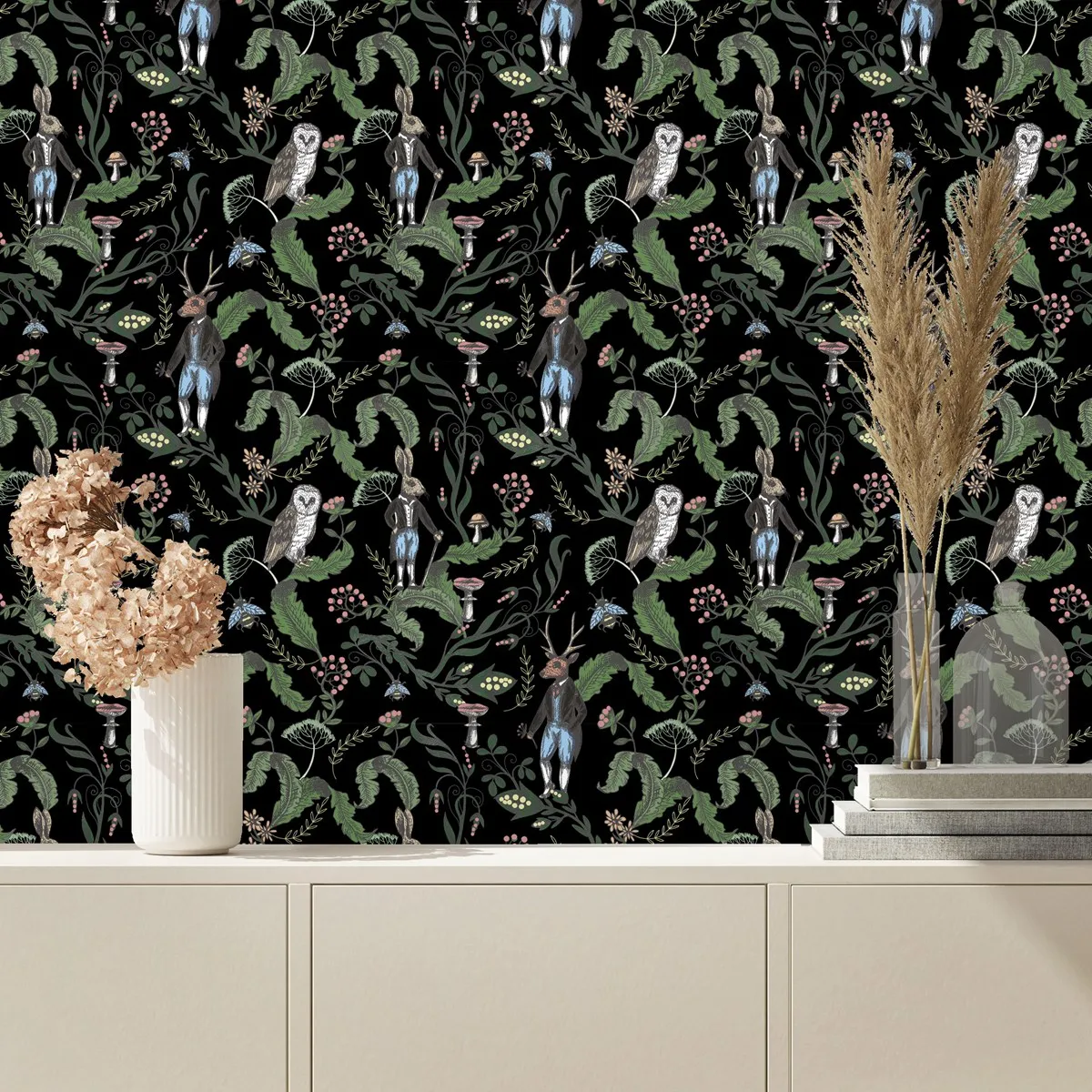 Обои с изображением темных лесных животных совы оленя кролика детей тропические