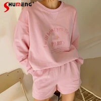 2022 autumn blue yellow pink round neck embroidered letter sweatershirts loose casual high waist shorts sports suit for women