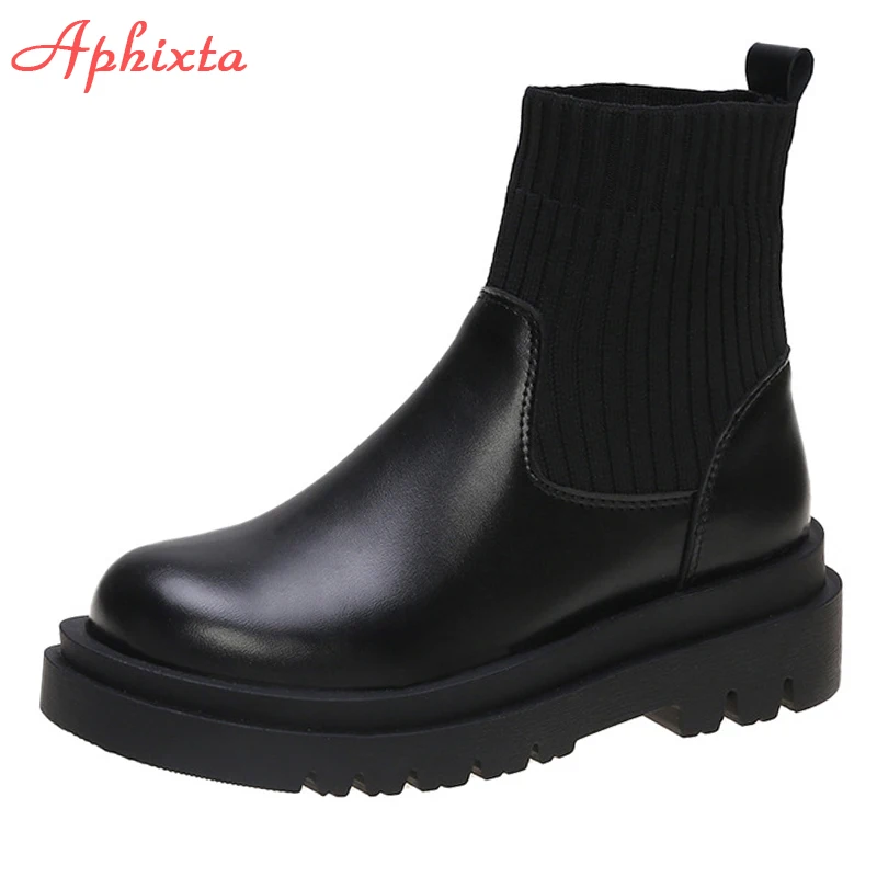 

Aphixta 2021 Boots Women Stretch Fabric Elastic Band 5cm Double LayerChunky Heel Antiskid Platform Ankle Boot Shoes Woman Boats
