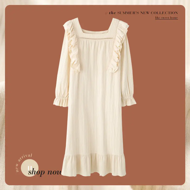 Women's Nightdress Spring and Autumn Cotton Long-sleeved Sleepwear Palace Princess Sweet Dress Women's Long Skirt Home Service