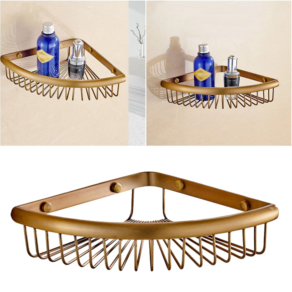 

Copper Corner Wall Mount Shower Basket Storage Rack Triangle Shelf Organizer for Bathroom Toilet Kitchen