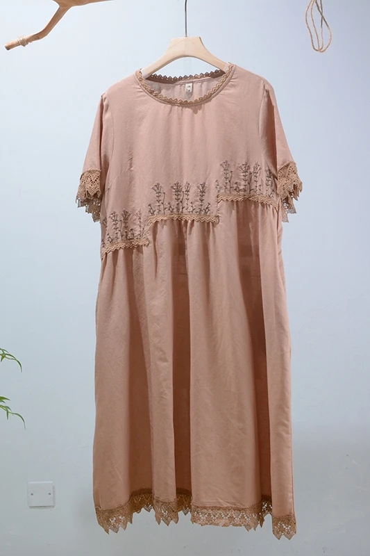 

Summer Dress 2021 fashion women clothing sweet embroidery flower dress O neck short sleeve loose dress 21097