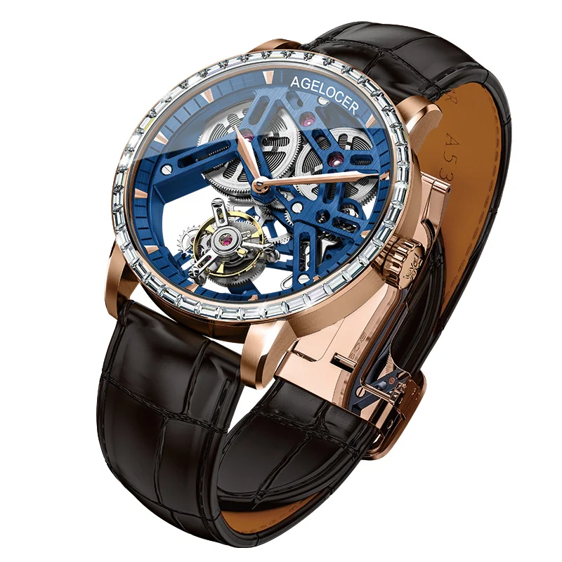 Оригинальные часы AGELOCER Tourbillon мужские с сапфирово голубым скелетонным