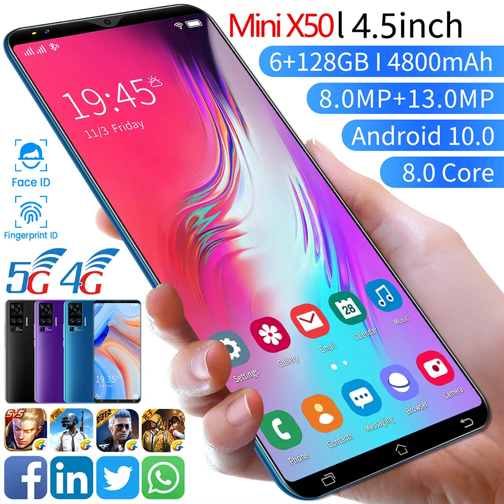 

Mini X50 Smartphone 4.5 Inch 6GB 128GB 4800mAh Face ID Fingerprint Unlock 8MP+13MP Camera Android 10.0 4G 5G HD Cheap Cellphones