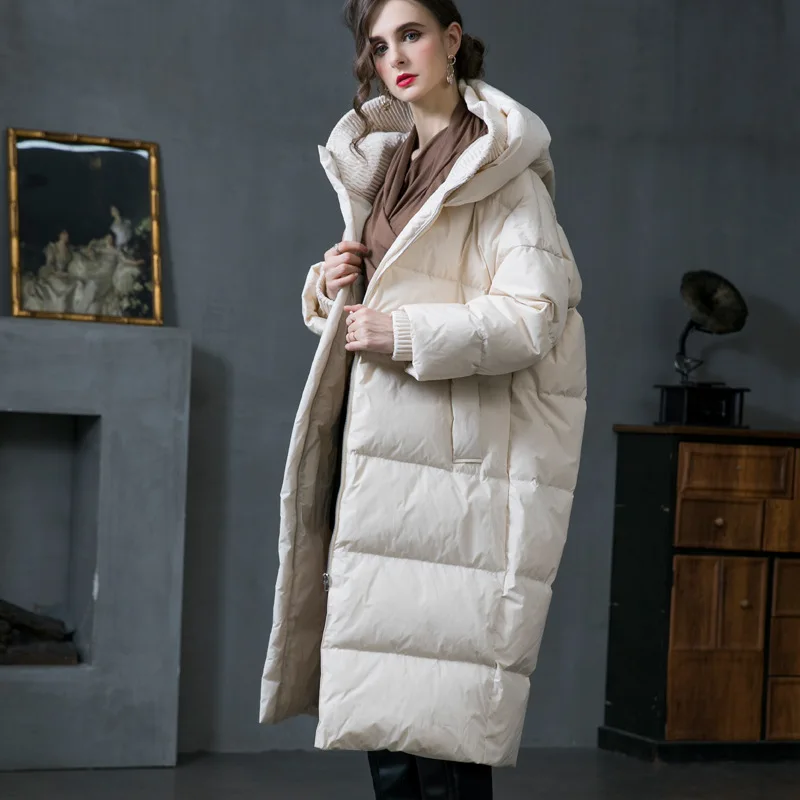 

Donsignet Winter New White Duck Down Thicken Coats Loose Plus Size Hooded Down Coats Women X-Long Cotton Wadded Jacket