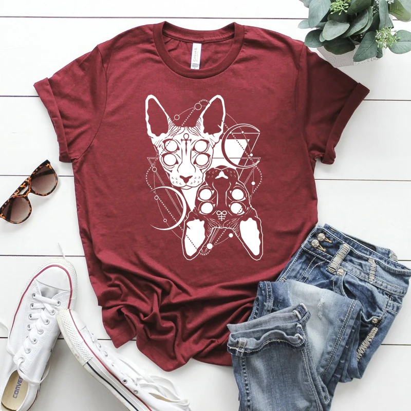 Классные готические футболки Twin Sphynx Cat эстетическая футболка в стиле Харадзюку с