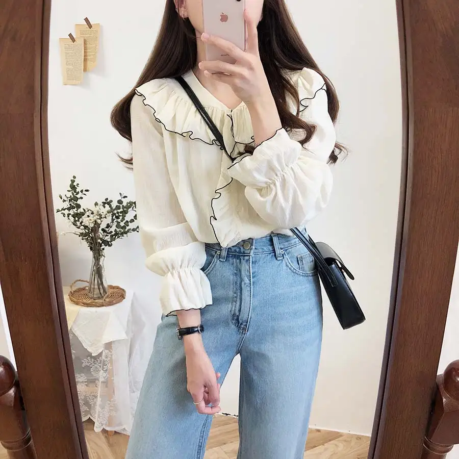 

Womens Blouses Summer Tops Femme Spring Women Shirt Long Sleeve Cotton Girls Women Blouse Plus Size Blusas Solid Loose white
