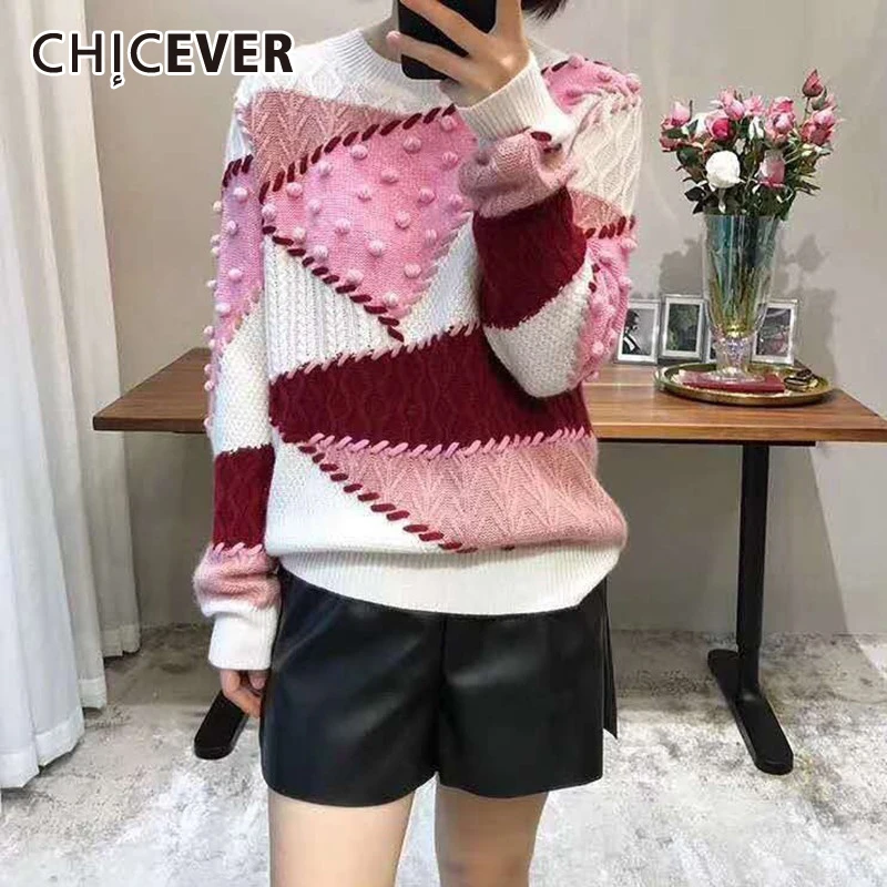 

CHICEVER корейский женский свитер с длинным рукавом в стиле пэчворк хит цвет оверсайз вязаный пуловер свитера женские свободные толстые 2021