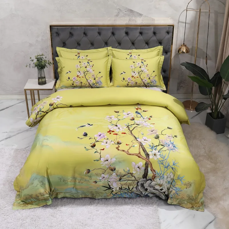 

High-end Digital printed 60S long-staple cotton bedding set soft Yellow Duvet Cover Set with Floral Tree Branch Printed Pattern