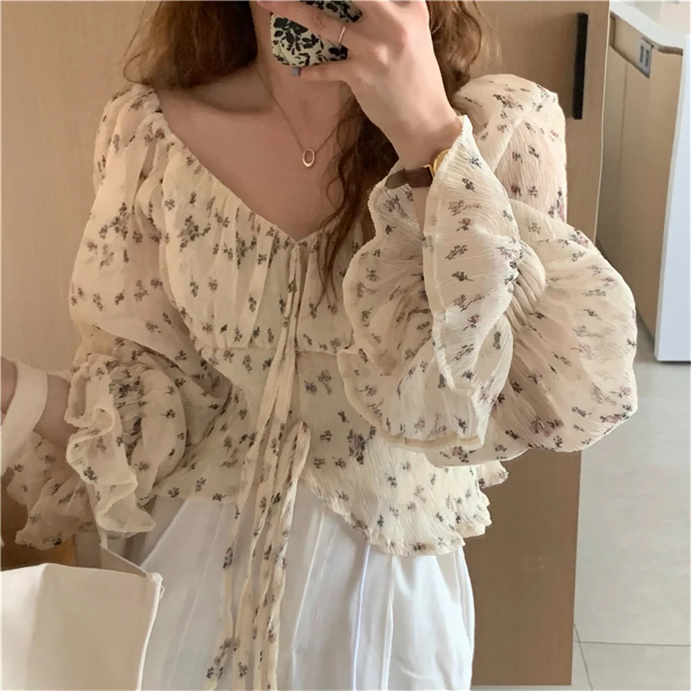 

Alien Kitty Florals Chiffon Sunscreen Blouses Printing Ruffles Chic Elegant Loose Sweet 2021 Casual Autumn New Girls Women Tops