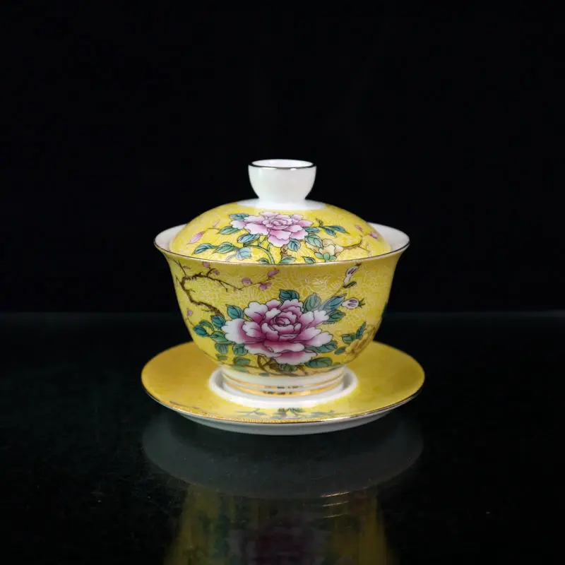 

Jingdezhen yellow ground painted gold and pink flower pattern covered bowl