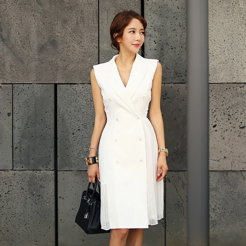 

2020 Summer New Fashion Double-breasted Pencil Dress Women Sleeveless Patchwork Slim Suits Dresses OL Wear To work Vestidos