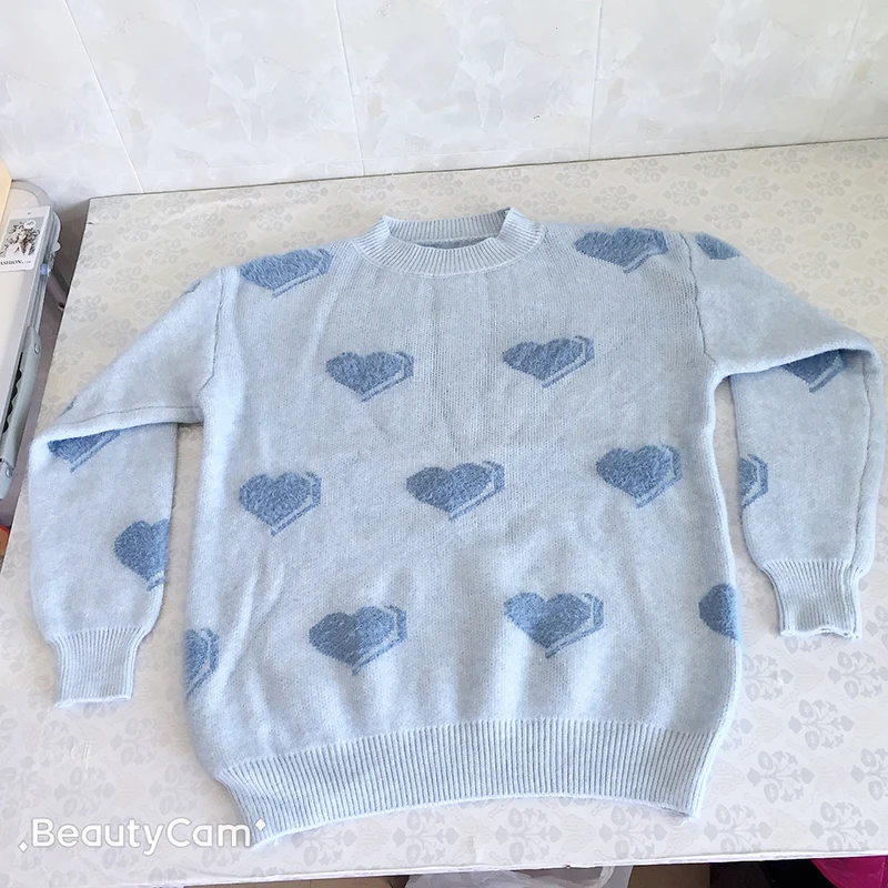 Свитер с сердечками кавайный шерстяной мохеровый бархатный женский пуловер
