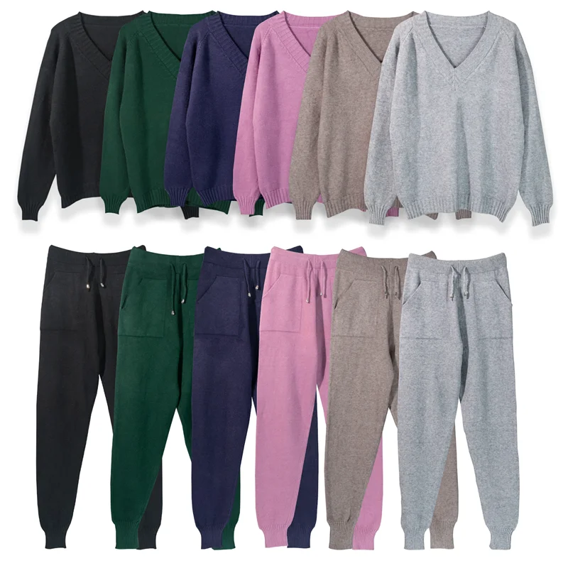 

2020 Autumn Winter Women Sets 2 Pieces Sexy V-Neck Sweater + Long Pants Suit Knitwear Warm Tracksuit Ladies Casual Herfst Suits