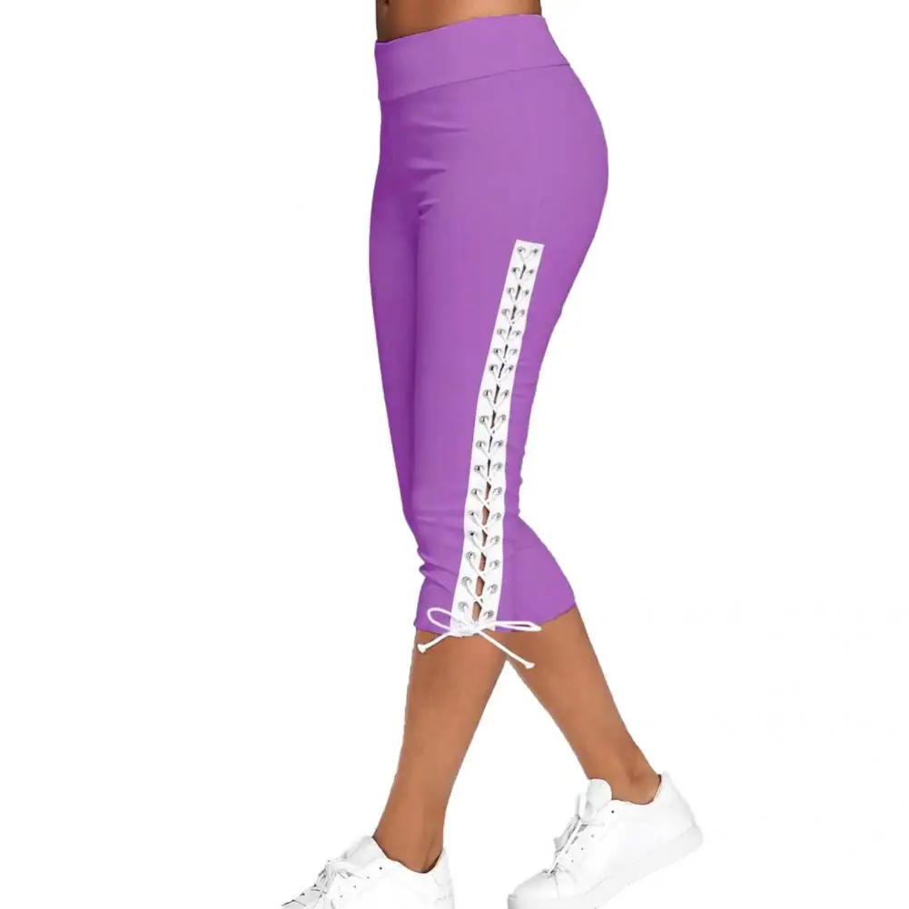 

Female Casual Women High Elastic Soft Sports Pants Bottoms Capri Pants Side Lace Up for Sports
