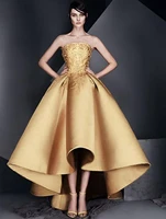 elegant gold applique prom cocktail dress strapless high low ruffle evening gown new design high quality homecoming